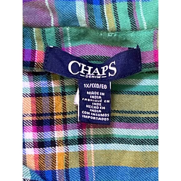 Chaps Denim 100% Cotton Green Plaid Button Down Shirt Women’s 1X - Picture 2 of 8